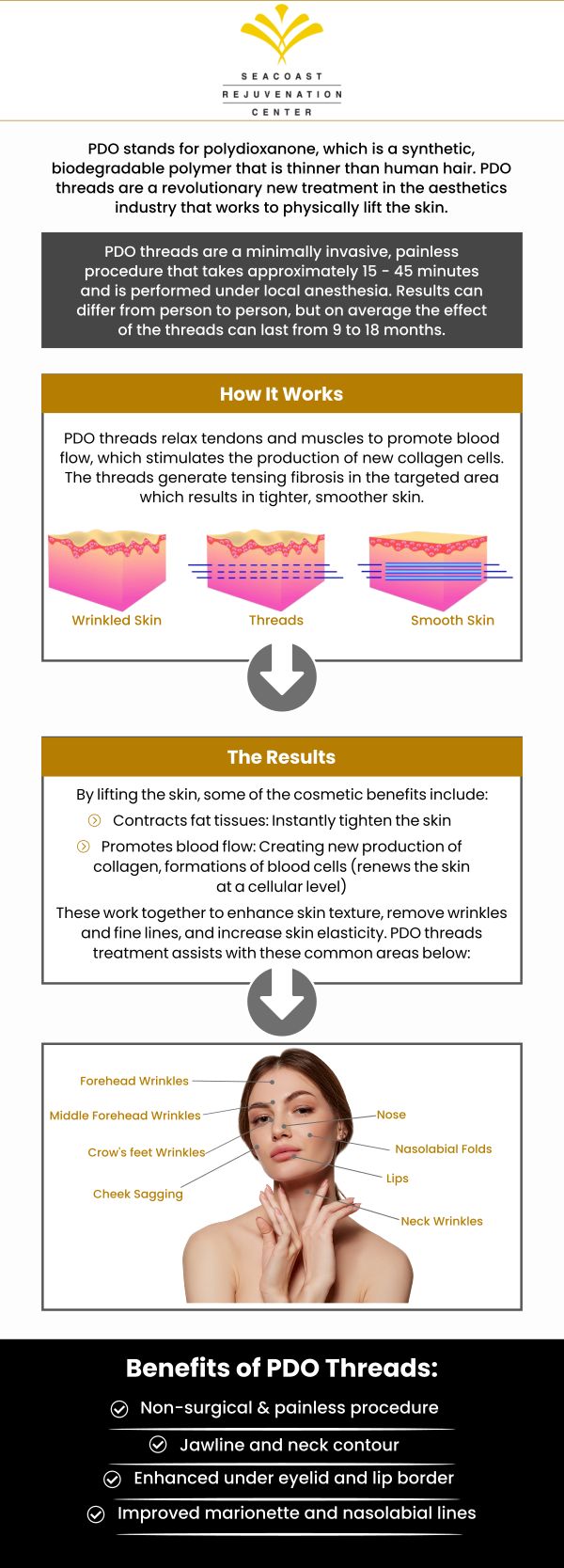 A PDO thread lift is customized to your unique skin type, skin texture, and aesthetic goals. Lifts and tightens your skin with a PDO thread lift at Seacoast Rejuvenation Center. For more information, contact us or schedule an appointment online. Our med spa is conveniently located at 101 Shattuck Way Suite #1 Newington, NH 03801. A PDO thread lift is customized to your unique skin type, skin texture, and aesthetic goals. Lifts and tightens your skin with a PDO thread lift at Seacoast Rejuvenation Center. For more information, contact us or schedule an appointment online. Our med spa is conveniently located at 101 Shattuck Way Suite #1 Newington, NH 03801.